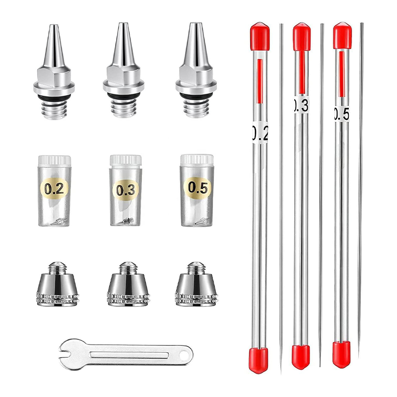 10-pieces airbrush náhradní díly soupravy s 0,2 mm, 0,3 mm a 0,5 mm airbrush trysky, jehly, trysky a mini klíč pro příslušenství